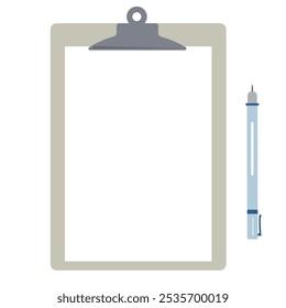 Paper pad holder with pen. Blank white sheet of paper in a clipboard. Flat vector illustration.