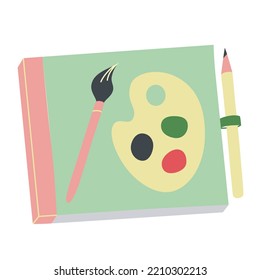 Paper Pad Icon, Sketch Pad For Painting, Doodle Illustration Of Album With Pen Holder, Pencil, Pallet-bed, Vector Sketchbook With Paints, Isolated Colored Clipart On White Background