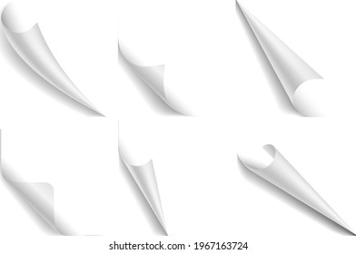 Paper page curl corner. Flip turn fold white sheets collection. Sticker curly angle, realisric bent border. Square documents and notes with shadows, stationary elements. Vector isolated set