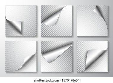 Paper page with curled corner and shadow. Template for your design. Set. Vector illustration.