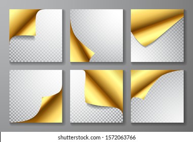 Paper page with curled corner and shadow. Template for your design. Set. Vector illustration.