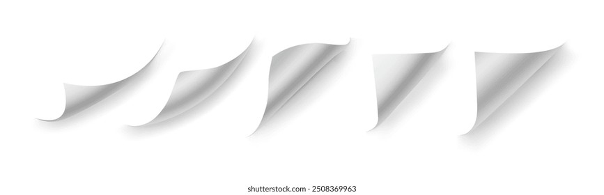 Paper page with curly corners. Vector document rolled borders, realistic 3d sheet bent angle or bookmarks with creased angles. Isolated leaf of magazine, sticker curved endpoints edges set