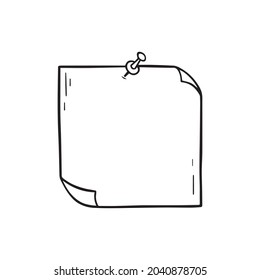 Paper page doodle. Memo paper sticky with pin in sketch style. Hand drawn vector illustration isolated on white background.