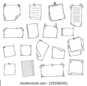 Paper page doodle set in hand drawn line art sketch style - pieces of blank note book sheets with sticky tape and other stationery isolated on white background, vector illustration