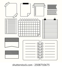 Paper page doodle set in hand drawn line art sketch style, calendar, notebook, sticky note, and list