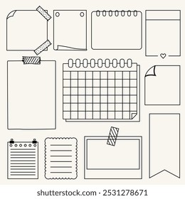 Paper page doodle set in hand drawn line art sketch style