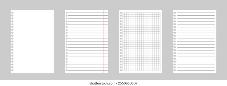 Paper page of notebook. Notebook or book page. Shul sheet with lines and grid. Realistic blank notepaper. Vector illustration.