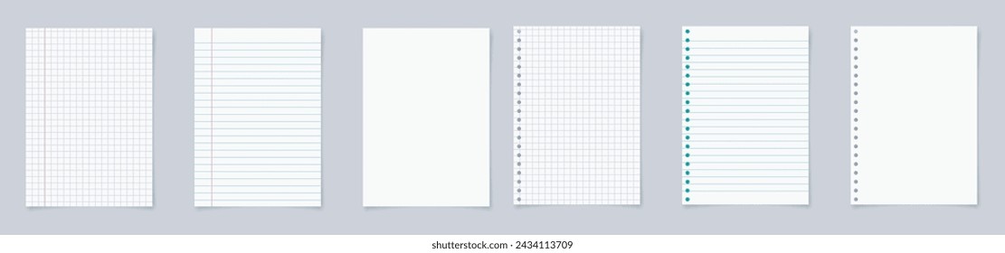 Paper page of notebook. School sheet with lines and grid. Notepad for mathematics and letter. Realistic blank notepaper with shadow isolated on gray background. vector illustration.