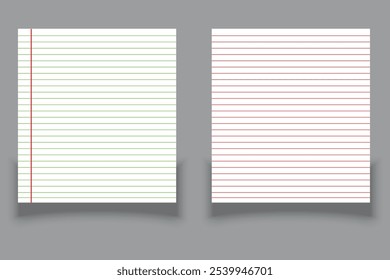 Paper page of notebook. School sheet with lines and grid. Notepad for mathematics and letter. Realistic blank notepaper with shadow isolated on gray background. vector illustration.