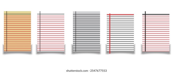 Paper page of notebook. School sheet with lines and grid. White sheets for notes. Notepad for mathematics and letter. Realistic blank notepaper with shadow isolated on gray background. 333