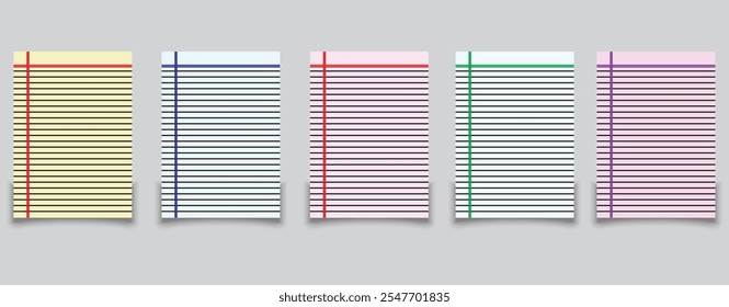 Paper page of notebook. School sheet with lines and grid. White sheets for notes. Notepad for mathematics and letter. Realistic blank notepaper with shadow isolated on gray background . 333