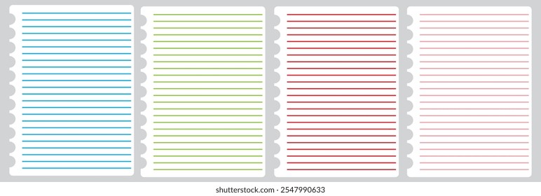 Paper page of notebook. School sheet with lines and grid. White sheets for notes. Notepad for mathematics and letter. Realistic blank notepaper with shadow isolated on gray background. Vector.