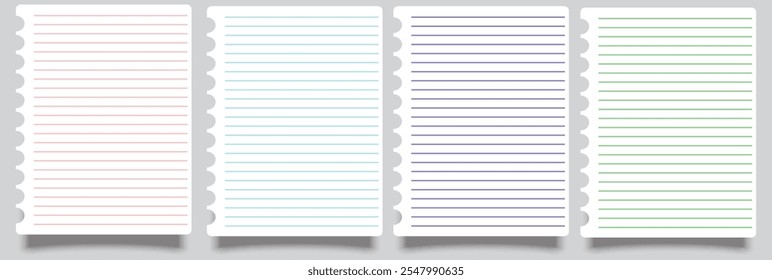 Paper page of notebook. School sheet with lines and grid. White sheets for notes. Notepad for mathematics and letter. Realistic blank notepaper with shadow isolated on gray background. Vector.
