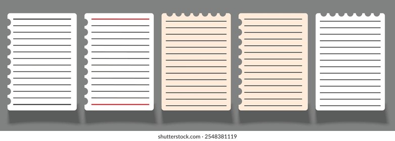 Página de papel del cuaderno. Hoja escolar con líneas y rejilla. Ilustración vectorial creativa de hojas en blanco de papel cuadrado, alineado realista conjunto aislado. Papel de notas en blanco realista con efecto de sombra. 