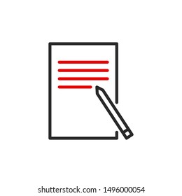 paper page with pencil outline flat icon. Single high quality outline logo symbol for web design or mobile app. Thin line sign design logo. Black and red icon pictogram isolated on white background