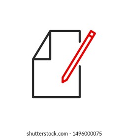 paper page with pencil outline flat icon. Single high quality outline logo symbol for web design or mobile app. Thin line sign design logo. Black and red icon pictogram isolated on white background