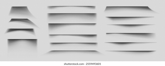 Paper page shadow effects set isolated on transparent background. Vector realistic illustration of rectangle or square sheet edge, abstract grainy black shades on surface, website design elements