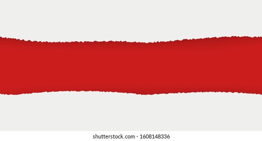 Paper page with tear and shadow with red background. Horizontal torn paper edge. Paper texture. Rough broken border of paper stripe. Vector illustration isolated on white background