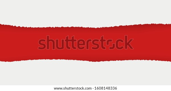Paper\
page with tear and shadow with red background. Horizontal torn\
paper edge. Paper texture. Rough broken border of paper stripe.\
Vector illustration isolated on white\
background