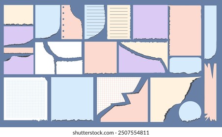 Vorlagensatz für Papierseiten. Einzeln zerrissene Papierstücke, karierte Notizbuchblätter und Sticky Note. Vektorgrafik für Design 