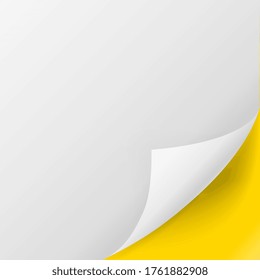 Paper page. White paper page with bottom right corner curled on yellow background. Curly sheet graphic element vector illustration