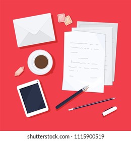 Paper pages with written text, envelope, postage stamps, fountain pen, pencil, smartphone, cup of coffee and sweet on desk surface, top view. Letter writing and sending. Flat vector illustration.