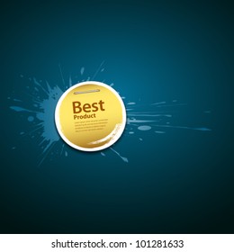 Paper paint brush gold color circle shape on blue Ink splatter background. vector illustration