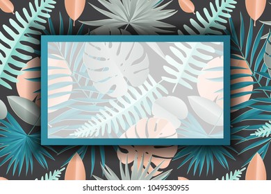 Paper palm, monstera leaves pattern with frame. Summer tropical leaf. Origami exotic hawaiian jungle, summertime background in pastel colors