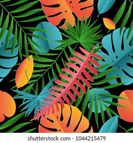 Paper palm, monstera leaves seamless pattern. Summer tropical leaf. Paper cut style. Origami exotic hawaiian jungle, summertime background