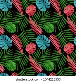 Paper palm, monstera leaves seamless pattern. Summer tropical leaf. Paper cut style. Origami exotic hawaiian jungle, summertime background