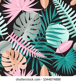 Paper palm, monstera leaves seamless pattern. Summer tropical leaf. Geometric backdrop. Origami exotic hawaiian jungle, summertime background in pastel colors