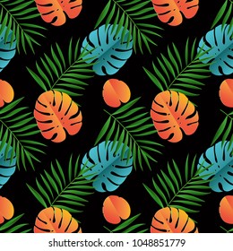 Paper palm, monstera leaves seamless pattern. Summer tropical leaf. Paper cut style. Origami exotic hawaiian jungle, summertime background