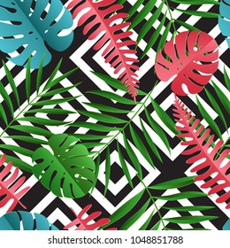 Paper palm, monstera leaves seamless pattern. Summer tropical leaf. Geometric backdrop. Paper cut style. Origami exotic hawaiian jungle, summertime background