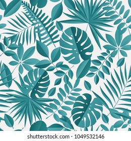 Paper palm, monstera leaves seamless pattern. Summer tropical leaf. Paper cut style. Origami exotic hawaiian jungle, summertime background