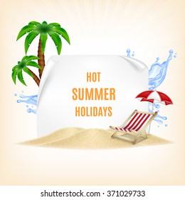 Paper with palm tree, deck chair and water splash. Summer vacation concept. EPS10 vector