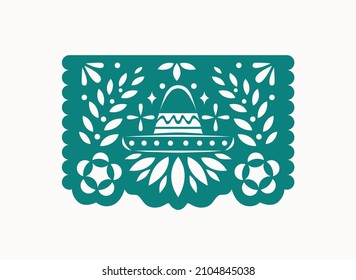 Paper Papel Picado, Mexican pecked flag for Day of the Dead, Dia de los Muertos. Mexico folk banner with hat and flowers ornament. Traditional ethnic holiday decoration. Flat vector illustration