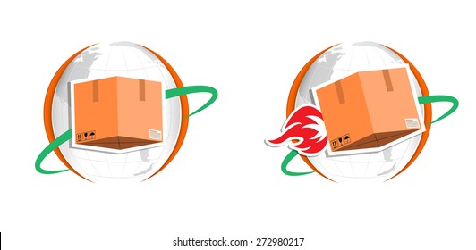 Paper parcel flying around the paper planet Earth