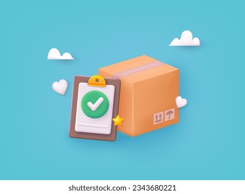 Paper parcel package boxes with clipboard and check list. Delivery service concept, online order tracking. Delivery home and office. 3D Web Vector Illustrations.