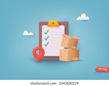 Paper parcel package boxes with clipboard and check list. Delivery service concept, online order tracking. Delivery home and office. 3D Web Vector Illustrations.