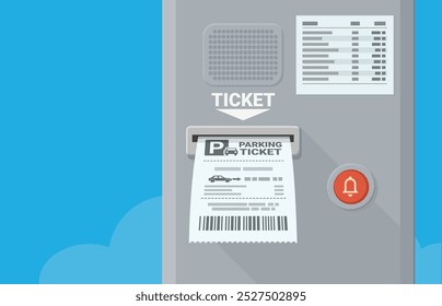 Paper parking ticket with its barcode coming out of a slot in a metal automatic machine with a blue sky in the background (flat design)