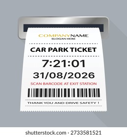 Paper Parking Ticket with Barcode Printing from Automatic Machine Slot, Car Park Entry and Exit Payment System Vector Illustration