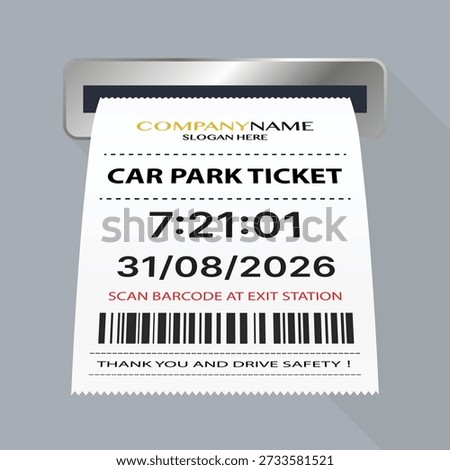 Paper Parking Ticket with Barcode Printing from Automatic Machine Slot, Car Park Entry and Exit Payment System Vector Illustration