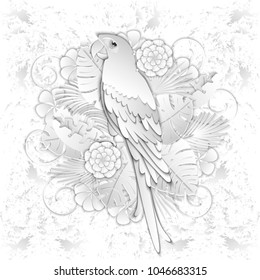 Paper parrot, branches of palm tree and tropichk flowers. Tropical background. Decoration for tropical party, invitation, poster, advertising, congratulations, banner, flyer. Paper cut out art style.