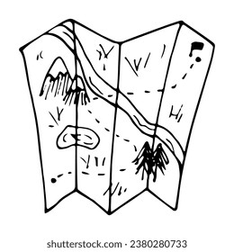 Paper path map sketch. Navigation on hike. Hand drawn illustration.
