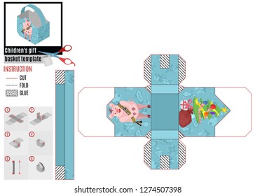 paper pattern box. pig boar and fir-tree. stock image vector