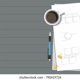 Paper with pen, coffee on the table. Business corporate workplace
