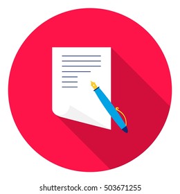 Paper and pen icon in flat style isolated on white background. School symbol stock vector illustration.