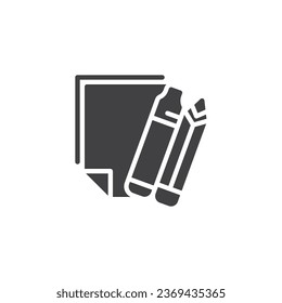 Paper with pen and pencil vector icon. School accessories filled flat sign for mobile concept and web design. Office Supplies glyph icon. Symbol, logo illustration. Vector graphics