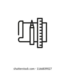 Paper with pen and ruler line icon. School, drafting, sketching. Engineering concept. Vector illustration can be used for topics like architecture, drawing, education