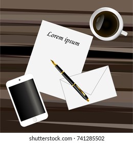 Paper, pen, smart phone and coffee on a dark brown table. Top view template vector.
